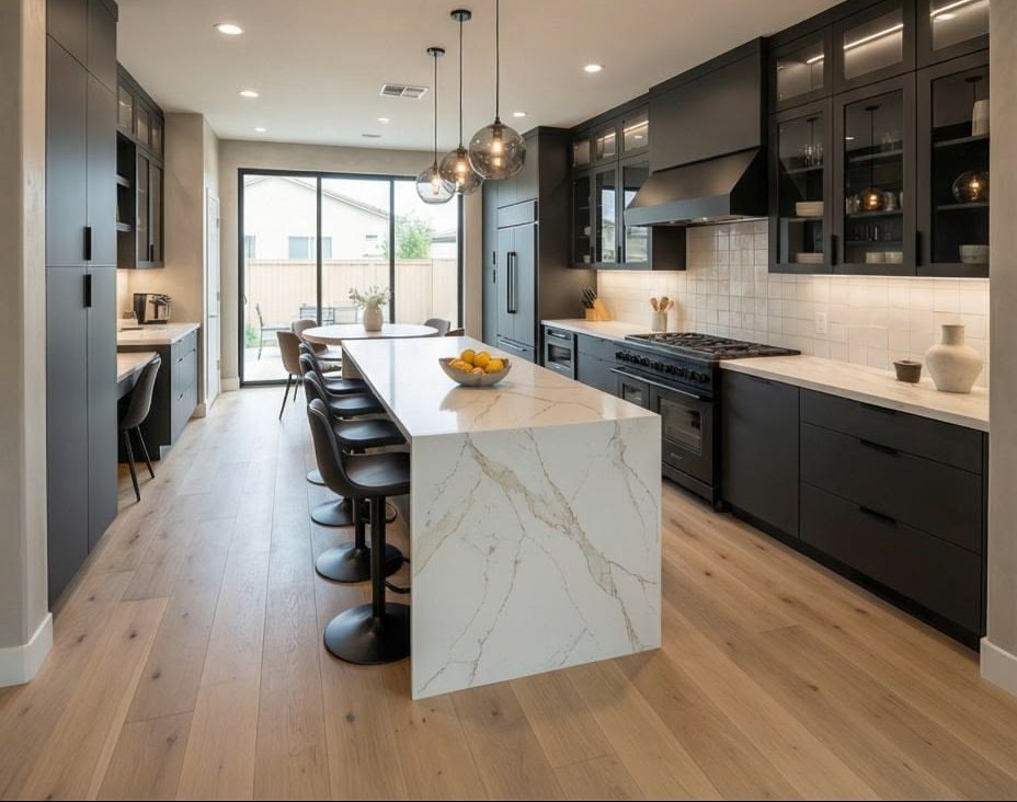 Kitchen after Blackwood remodel — matte black cabinetry with marble island